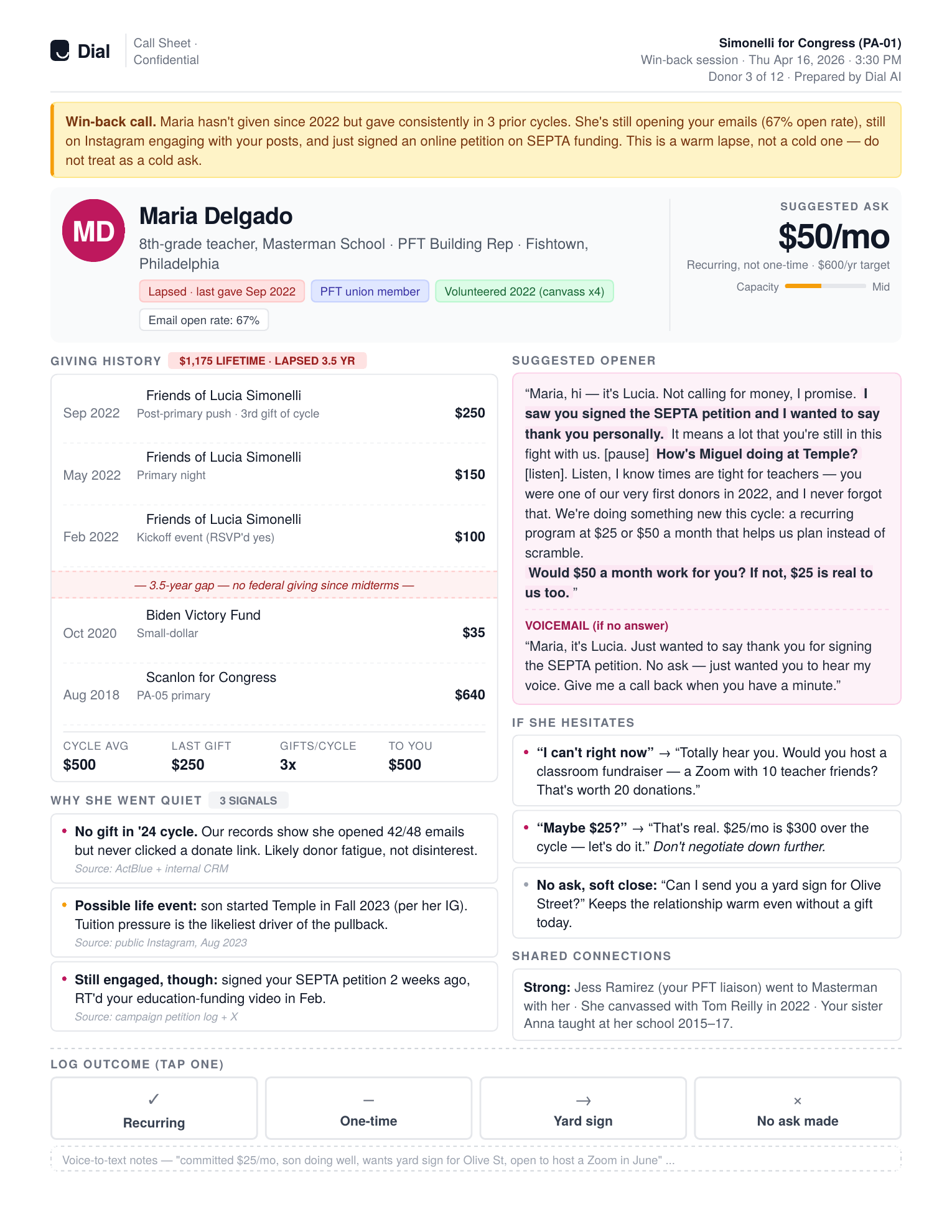 Dial call sheet for a lapsed donor