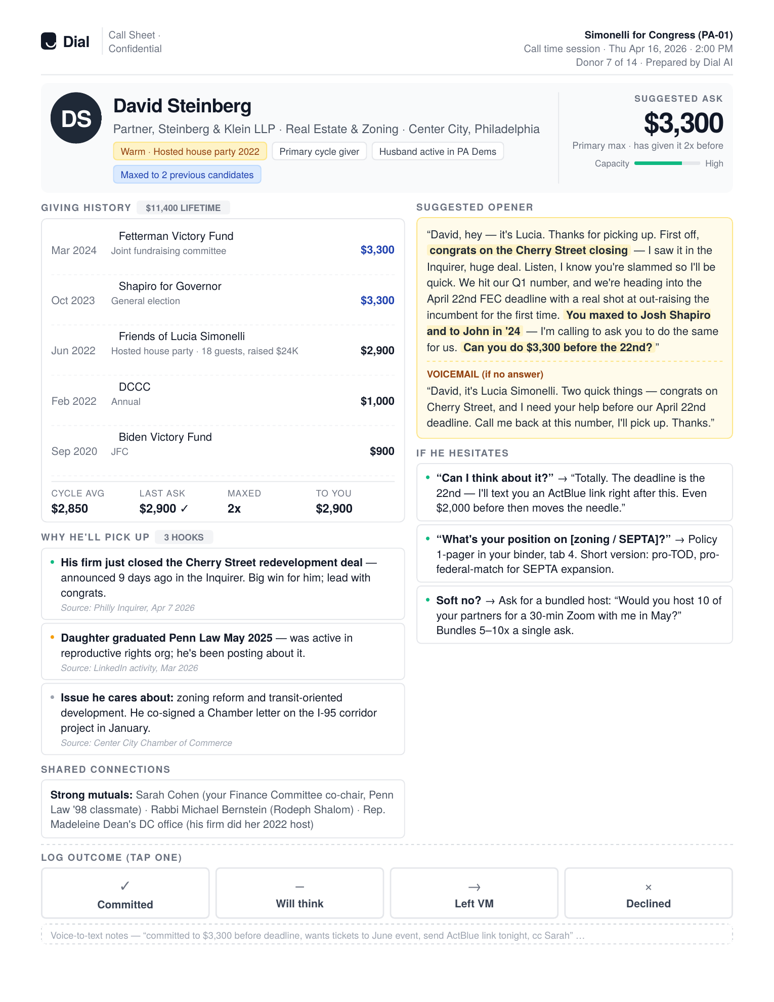 Dial call sheet for a major donor
